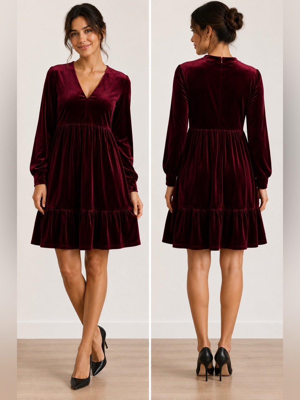Just Taylor Burgundy Velvet Long-Sleeve V-Neck Dress Size M